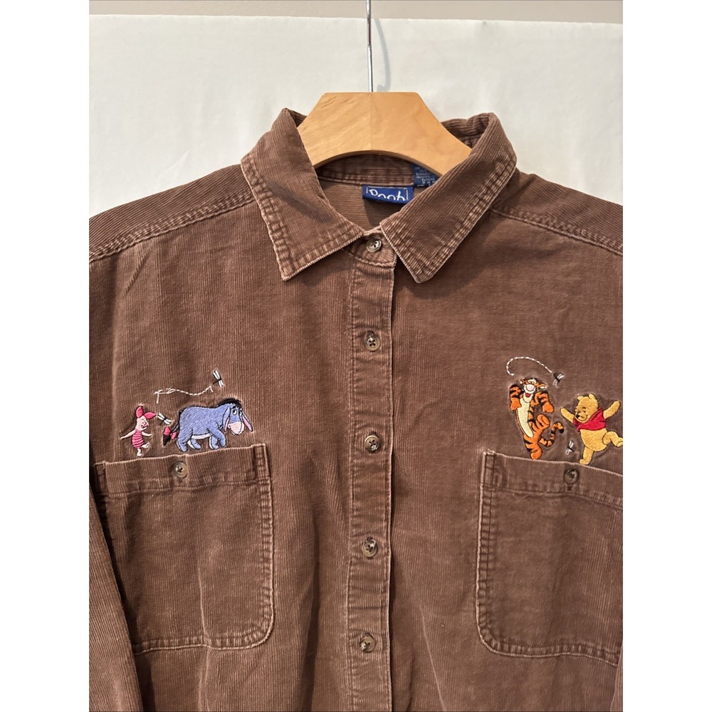 Vintage Disney Winnie the Pooh XL Embroidered Brown Corduroy Button Up LS Shirt